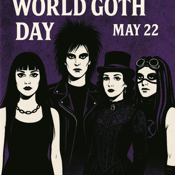 Poster for World Goth Day 2025, celebrated on May 22nd, featuring four gothic subculture styles including traditional goth, Victorian goth, and cyber goth. A tribute to goth history, alternative fashion, post-punk music, and the global goth community.