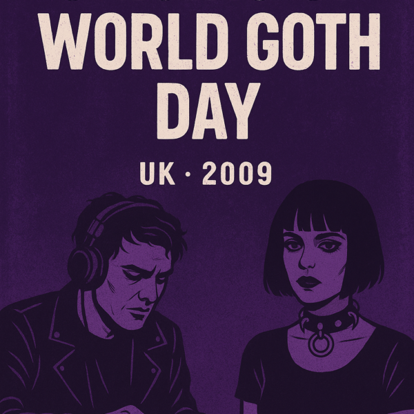 Poster titled "Origins of World Goth Day" with bold distressed lettering and a dark purple background, featuring a goth DJ in headphones and a gothic woman with short black hair and choker. Designed to represent the beginning of World Goth Day in the UK, 2009, and the rise of goth culture through music and subcultural identity.