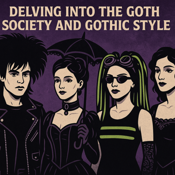 Poster titled "Delving into the Goth Society and Gothic Style" depicting four goth individuals, each representing a distinct substyle — traditional goth in leather, Victorian goth with parasol, cyber goth with neon green dreads and goggles, and romantic goth in lace. Set against a dark purple textured background, the image celebrates goth fashion, diversity, and subcultural identity.
