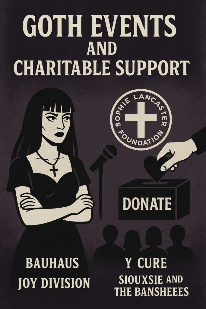Poster titled "Goth Events and Charitable Support" with a grunge-textured purple background, featuring a gothic woman with a cross necklace standing near a microphone, the Sophie Lancaster Foundation emblem, and a donation box with a dark heart being placed into it. Audience silhouettes and goth band names below represent the intersection of activism, remembrance, and subcultural unity.