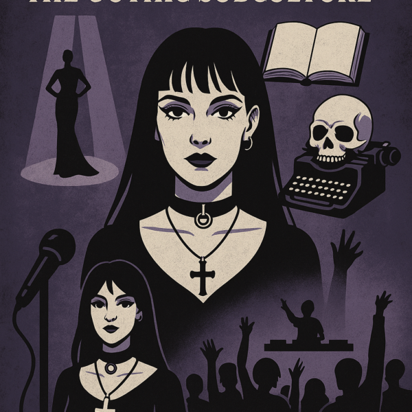 Poster titled "The Enduring Power of the Gothic Subculture" set against a textured purple background, featuring a central goth woman with black choker and cross necklace, surrounded by symbols of gothic culture: a runway silhouette, open book, skull on a typewriter, microphone, and a club crowd with a DJ. The composition reflects the lasting influence of goth aesthetics, literature, self-expression, and community.