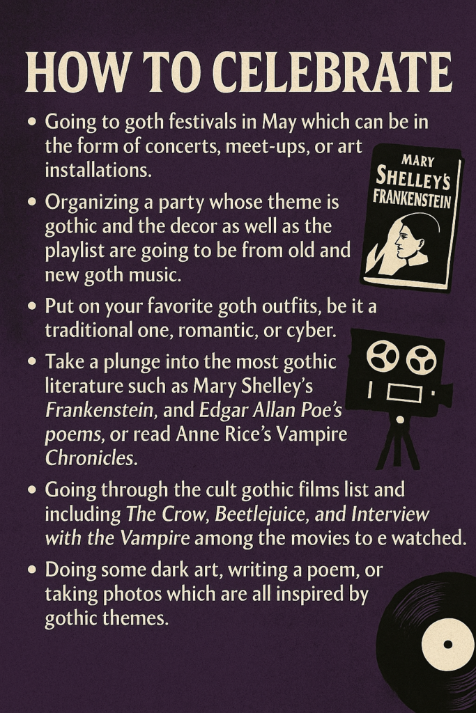 Poster titled "How to Celebrate World Goth Day" with cream text on a textured purple background. Includes illustrated icons for literature, music, and film, and a bulleted list of celebration ideas: attending goth festivals, hosting themed parties, dressing in goth fashion, reading gothic literature, watching cult films, supporting goth artists, and creating dark art.