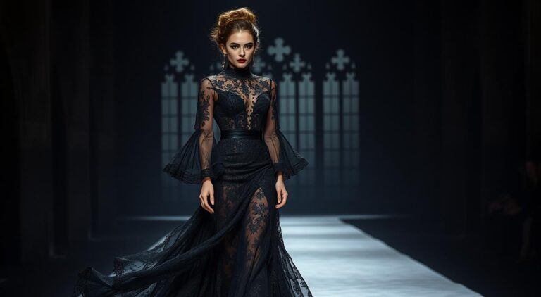 woman in romantic goth dress with lace details and gloves in gothic interior setting