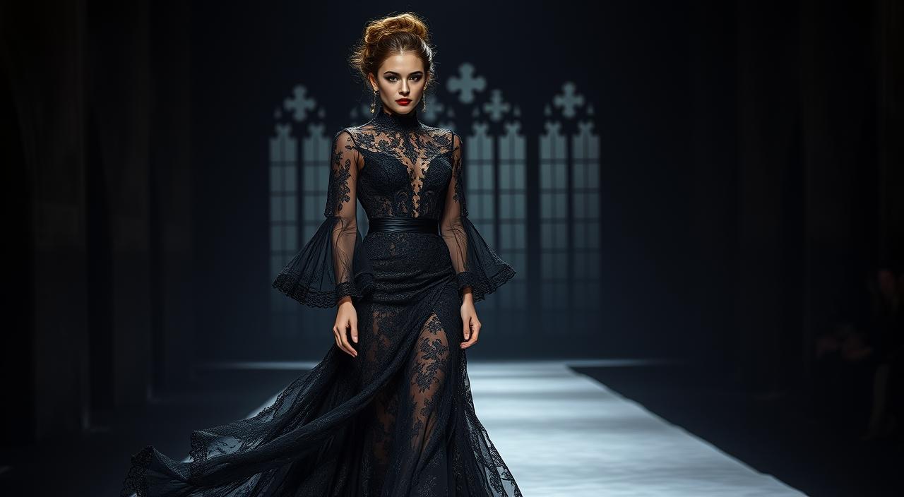 woman in romantic goth dress with lace details and gloves in gothic interior setting
