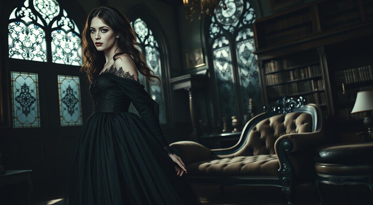 model wearing a modern romantic gothic fashion outfit on dark runway