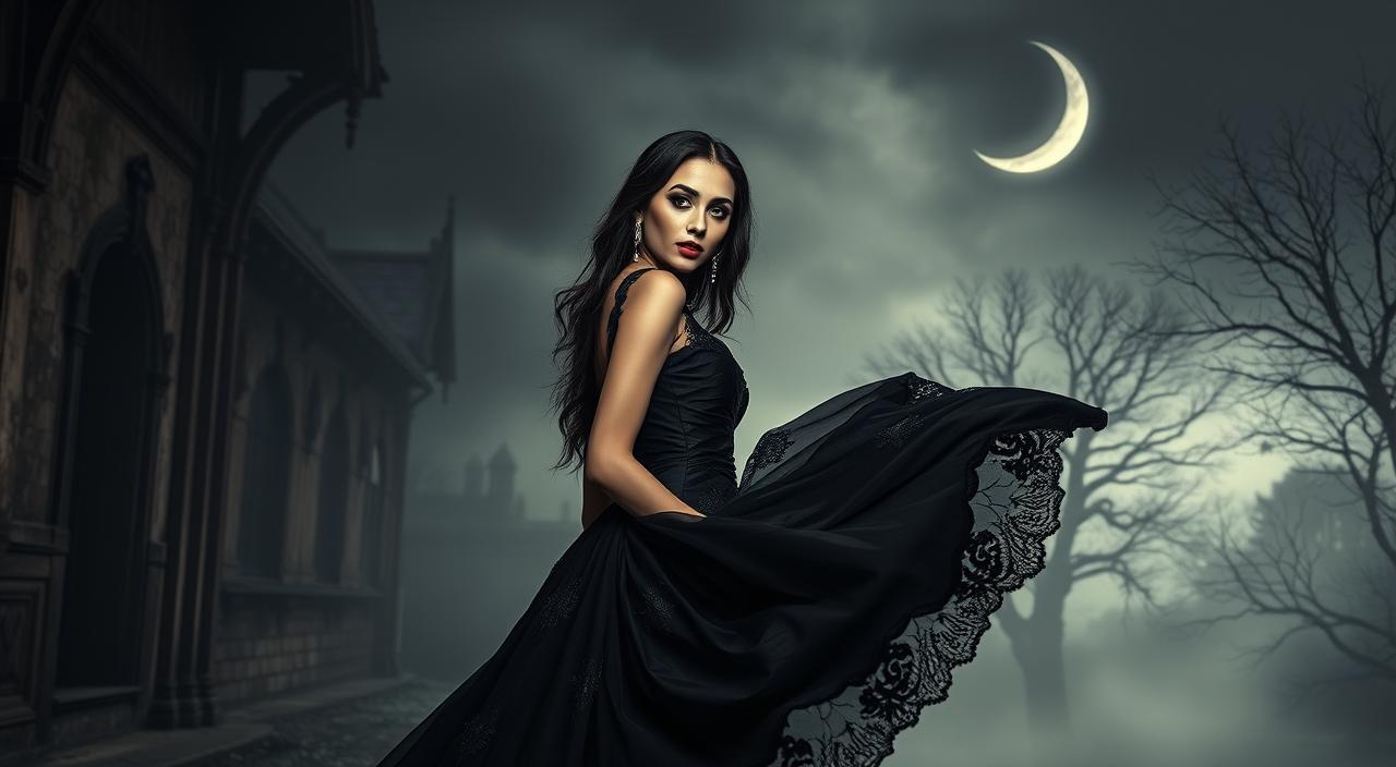 gothic romantic woman in long black romantic goth dress in vintage library room