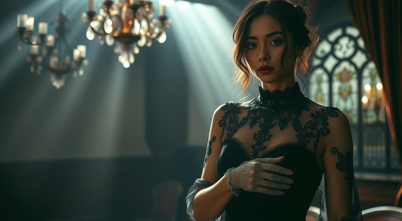dark romantic fashion with flowing romantic goth outfit under moonlight